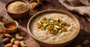 मेवों से सजाई हुई झंगोरे की खीर का कटोरा, पास में कच्चा झंगोरा और शहद रखा हुआ