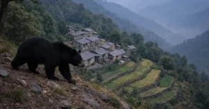 पौड़ी गढ़वाल के गांव के ऊपर पहाड़ी ढलान पर चलता हिमालयी काला भालू