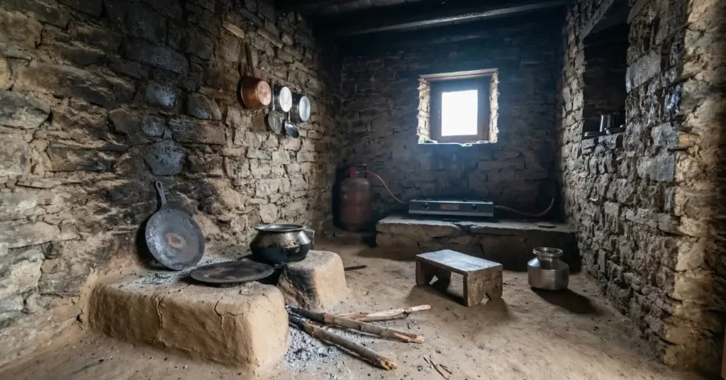 उत्तराखंड के पत्थर के घर की रसोई में मिट्टी का चूल्हा और पीछे रखा गैस चूल्हा
