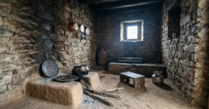 उत्तराखंड के पत्थर के घर की रसोई में मिट्टी का चूल्हा और पीछे रखा गैस चूल्हा