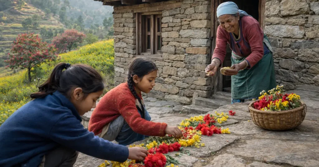 उत्तराखंड में फूलदेई पर देहरी पर फूल रखते बच्चे