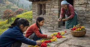 उत्तराखंड में फूलदेई पर देहरी पर फूल रखते बच्चे