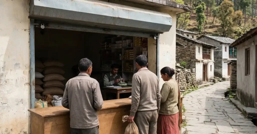 उत्तराखंड के पहाड़ी गाँव में राशन की दुकान के बाहर खड़े ग्रामीण और भीतर बैठे दुकानदार का यथार्थ दृश्य