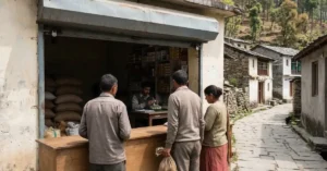 उत्तराखंड के पहाड़ी गाँव में राशन की दुकान के बाहर खड़े ग्रामीण और भीतर बैठे दुकानदार का यथार्थ दृश्य