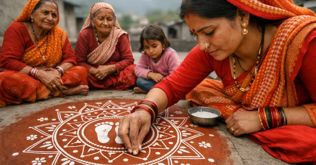 ऐपण (अल्पना) बनाते हुए कुमाऊँ क्षेत्र की पारंपरिक लोककला का दृश्य