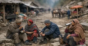 पारंपरिक पड़ाव चट्टी में विश्राम करते यात्री और पहाड़ी मार्ग का दृश्य