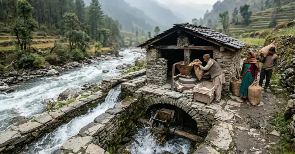 उत्तराखंड के पहाड़ों में बहते पानी से चलती पारंपरिक घराट चक्की