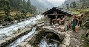 उत्तराखंड के पहाड़ों में बहते पानी से चलती पारंपरिक घराट चक्की