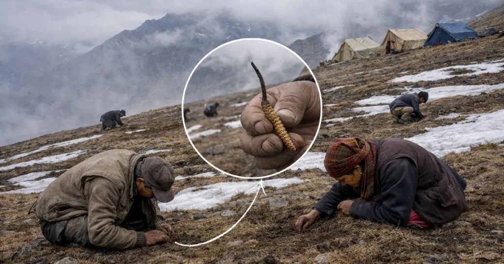 हिमालय के ऊंचे इलाके में झुककर जमीन से कीड़ा जड़ी खोजते स्थानीय लोग