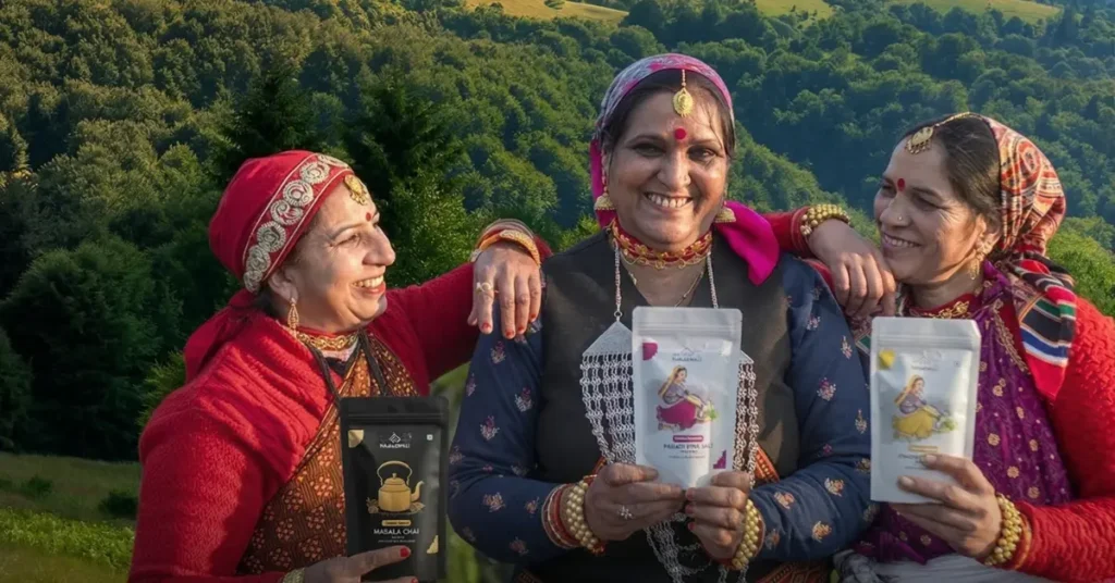 नमकवाली ब्रांड की संस्थापक शशि बहुगुणा रतूड़ी और स्थानीय महिलाएँ