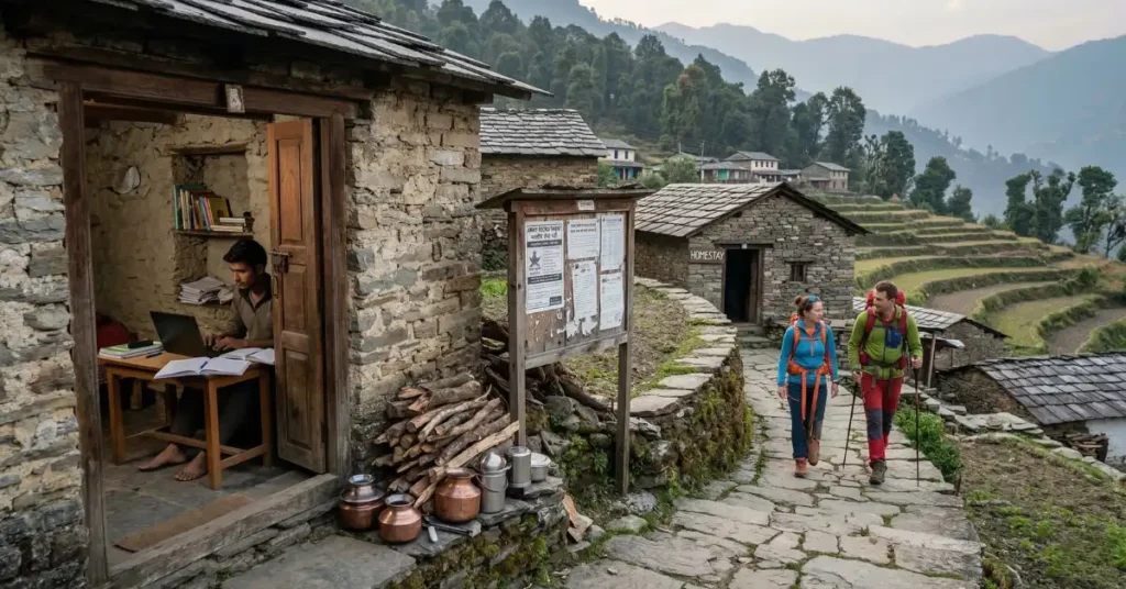 उत्तराखंड के पहाड़ी गाँव में लैपटॉप पर काम करता युवा, गाँव के नोटिस बोर्ड और पास के होमस्टे की ओर जाते पर्यटक