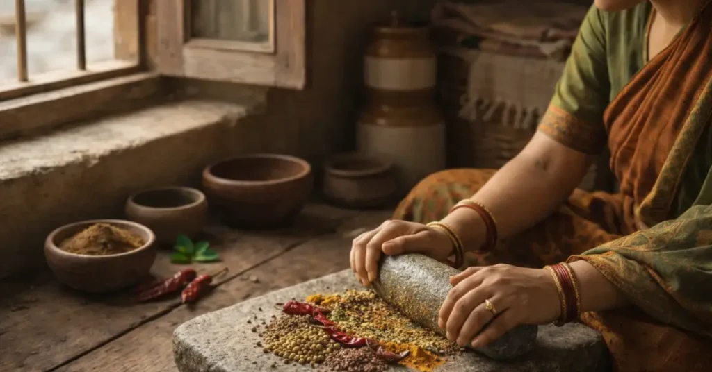 पहाड़ी रसोई में सिलबट्टे पर पिसता पिस्यूँ लूण