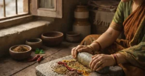 पहाड़ी रसोई में सिलबट्टे पर पिसता पिस्यूँ लूण