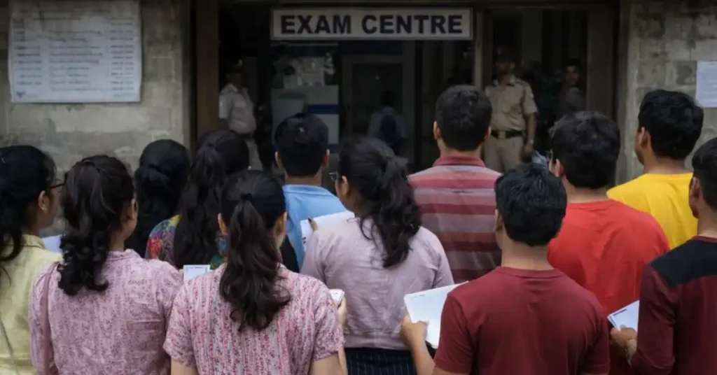 परीक्षा केंद्र के बाहर प्रवेश से पहले खड़े प्रतियोगी परीक्षा के अभ्यर्थी