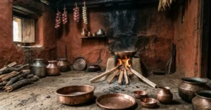 गढ़वाल की पारंपरिक मिट्टी से लिपी रसोई में चूल्हे पर रखी कढ़ाई और आसपास रखे तांबे के बर्तन