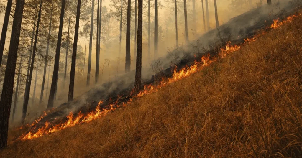 उत्तराखंड के चीड़ के जंगल में ढलान पर फैलती आग और धुआँ