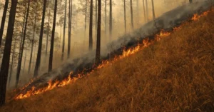 उत्तराखंड के चीड़ के जंगल में ढलान पर फैलती आग और धुआँ