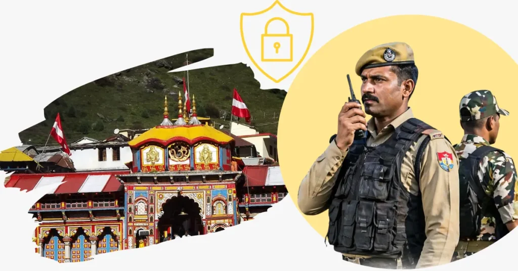 चारधाम यात्रा 2026 के दौरान बदरीनाथ धाम और सुरक्षा व्यवस्था का संयुक्त दृश्य