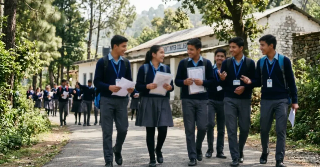 छात्र उत्तराखंड बोर्ड रिजल्ट के संदर्भ में परीक्षा के बाद स्कूल परिसर में चलते हुए