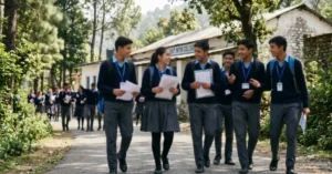 छात्र उत्तराखंड बोर्ड रिजल्ट के संदर्भ में परीक्षा के बाद स्कूल परिसर में चलते हुए