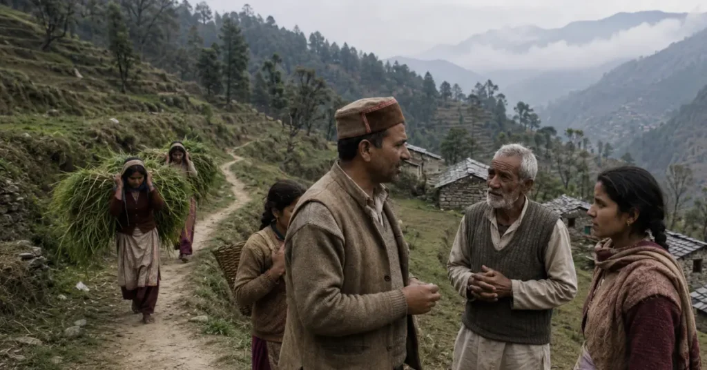 पहाड़ी गांव में बातचीत के दौरान संदेश साझा करते ग्रामीणों को दर्शाती रैबार प्रणाली आधारित दृश्य संरचना