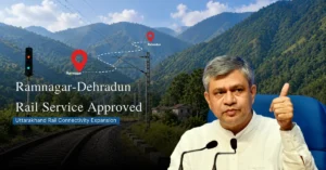 Ramnagar-Dehradun rail service approval graphic with Ashwini Vaishnaw and Uttarakhand railway route