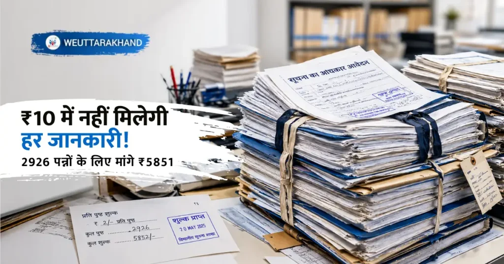 RTI में लंबी जानकारी मांगने पर अतिरिक्त शुल्क और दस्तावेजों की प्रतिलिपि प्रक्रिया को दर्शाती दृश्य संरचना