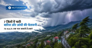 उत्तराखंड के पहाड़ी क्षेत्रों में भारी बारिश, तेज हवाओं और खराब मौसम की चेतावनी को दर्शाती दृश्य संरचना