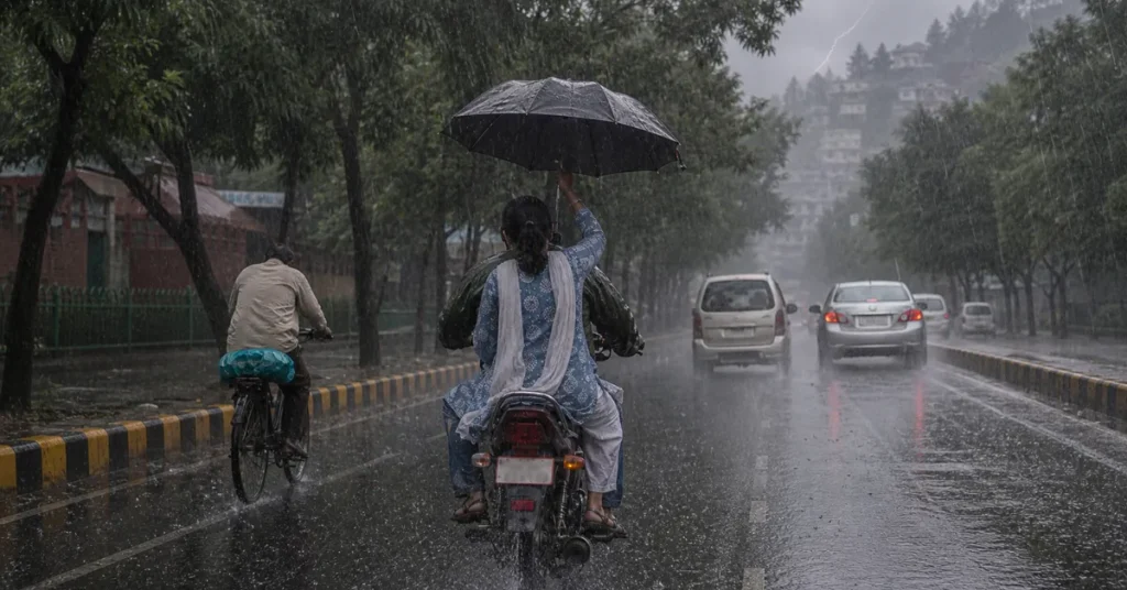 Uttarakhand weather alert के दौरान सड़क पर भारी बारिश और वाहन