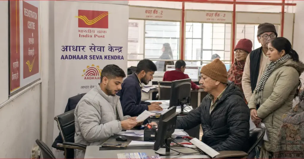 नैनीताल में डाकघर के आधार केंद्र पर आधार सेवाओं की प्रक्रिया