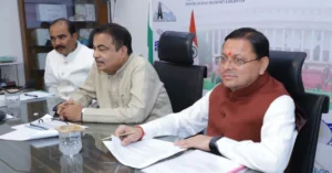 Chief Minister Pushkar Singh Dhami and Union Minister Nitin Gadkari during a meeting on Uttarakhand road infrastructure projects in New Delhi.