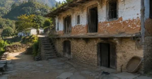 गढ़वाल के एक गांव में स्थित पारंपरिक पत्थर और मिट्टी का घर, जिसके बाहर रोजमर्रा की उपयोग की वस्तुएं दिखाई दे रही हैं।