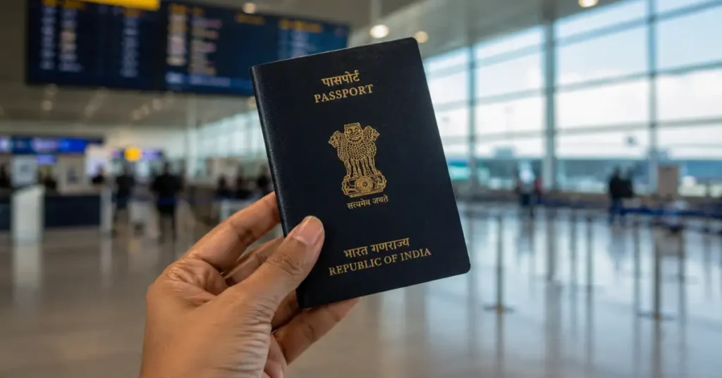Indian passport in the airport background.