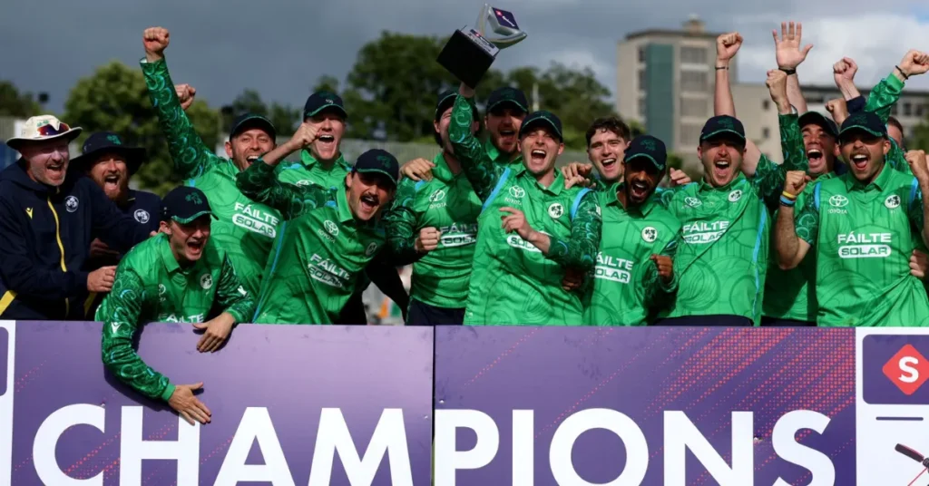 Ireland cricket players celebrating with the trophy after winning the T20 series against India.