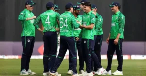 Ireland cricket players celebrating after defeating India in the first T20 international match.