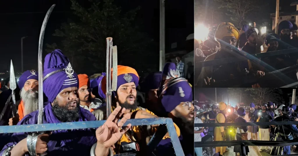 Nihang Sikhs gathered near the Kulhal barrier at the Uttarakhand-Himachal Pradesh border during developments linked to the Karnaprayag dispute.