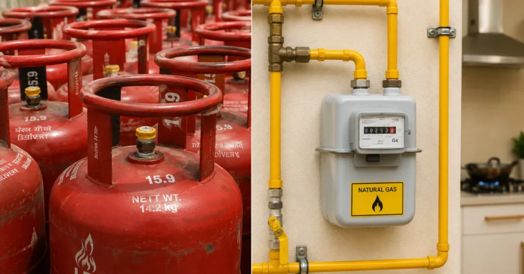 Red LPG cylinders placed alongside a domestic PNG gas meter and pipeline installation in a representative comparison image.