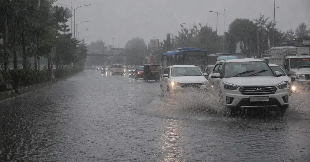 बारिश के बाद सड़क पर जमा पानी के बीच सावधानी से गुजरते वाहन और सक्रिय मानसूनी मौसम का दृश्य।