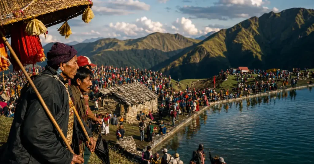 नंदा देवी राजजात यात्रा के दौरान हिमालयी पड़ाव पर श्रद्धालु और डोली