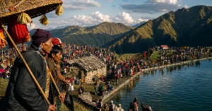 नंदा देवी राजजात यात्रा के दौरान हिमालयी पड़ाव पर श्रद्धालु और डोली