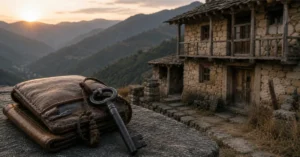 पुराना बटुआ और लोहे की चाबी के साथ पहाड़ में स्थित पैतृक घर