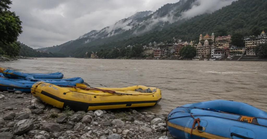 ऋषिकेश में मानसून के दौरान गंगा किनारे खड़ी राफ्ट