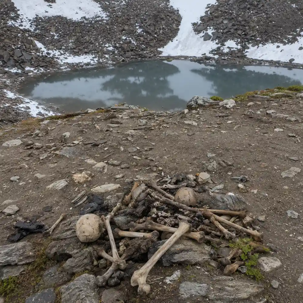 रूपकुंड: आखिर सैकड़ों कंकाल इस हिमालयी झील तक पहुँचे कैसे? 2 रूपकुंड झील के किनारे दिखाई देते मानव कंकाल अवशेष