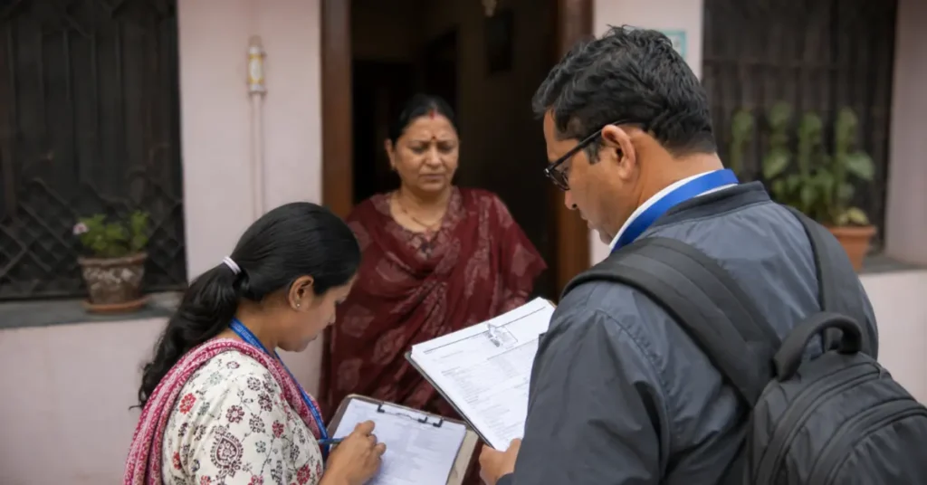 उत्तराखंड में बूथ लेवल अधिकारी घर-घर जाकर मतदाता सूची सत्यापन करते हुए