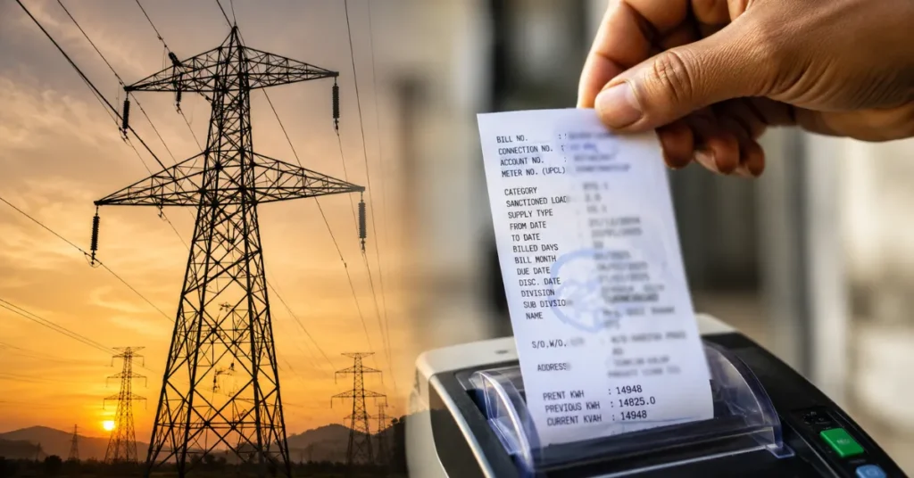 A representative image showing electricity transmission infrastructure and a consumer electricity bill.