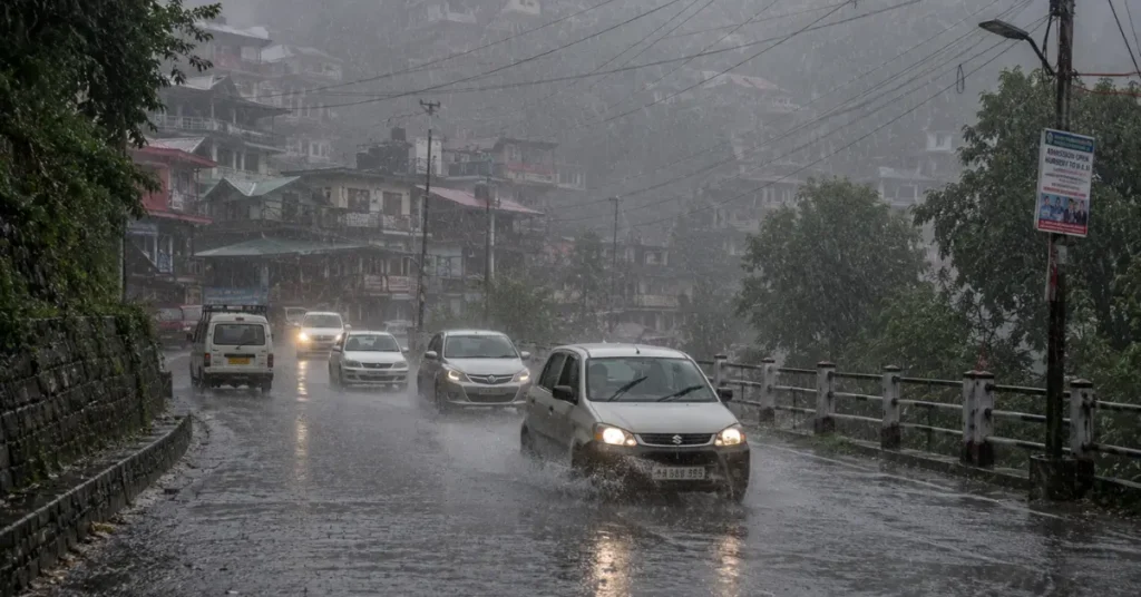 Vehicles moving through heavy rainfall on a hill road in Uttarakhand amid worsening weather conditions.