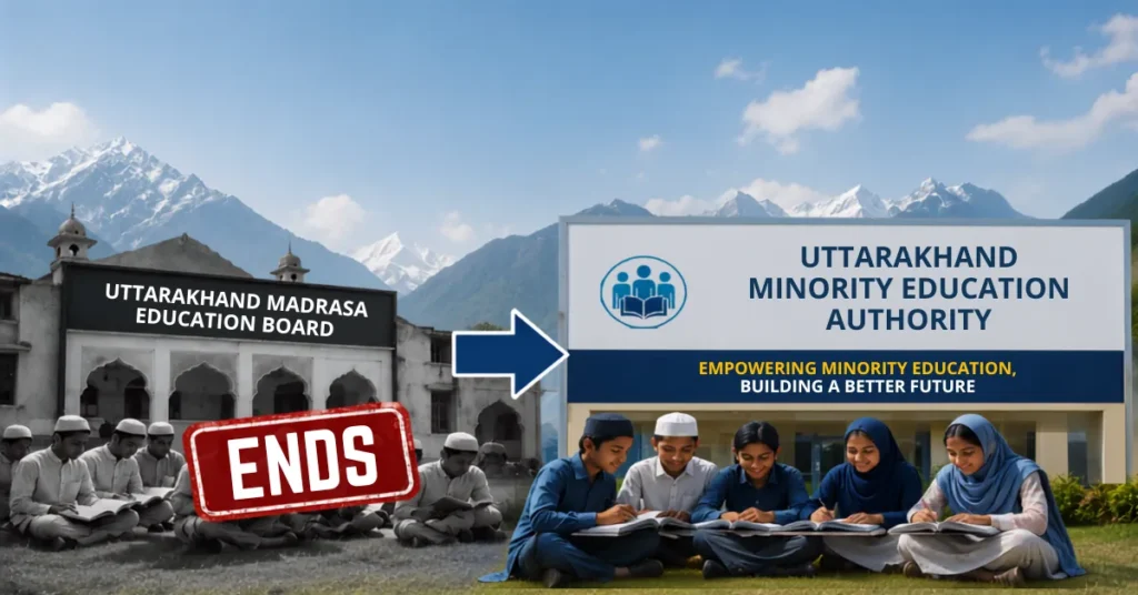 Editorial composite showing a traditional madrasa institution transitioning to a new minority education authority framework in Uttarakhand.