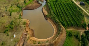 Watershed development structure and water harvesting reservoir supporting agriculture and water conservation.