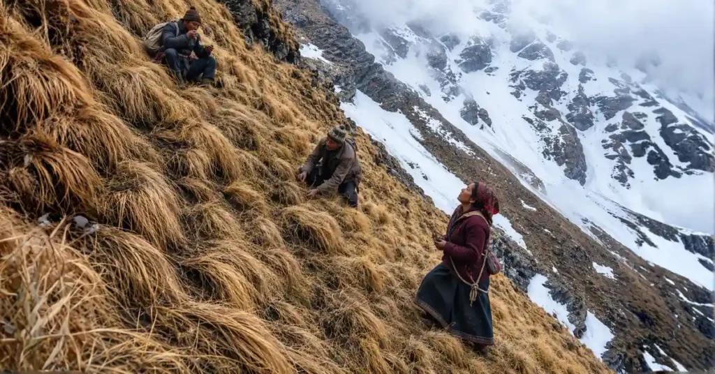 हिमालयी बुग्याल में यार्सागुम्बा की तलाश करते स्थानीय लोग