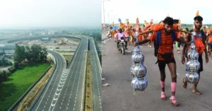 A split image showing the Delhi-Dehradun Expressway alongside Kanwar pilgrims walking during the annual pilgrimage, illustrating traffic management measures.